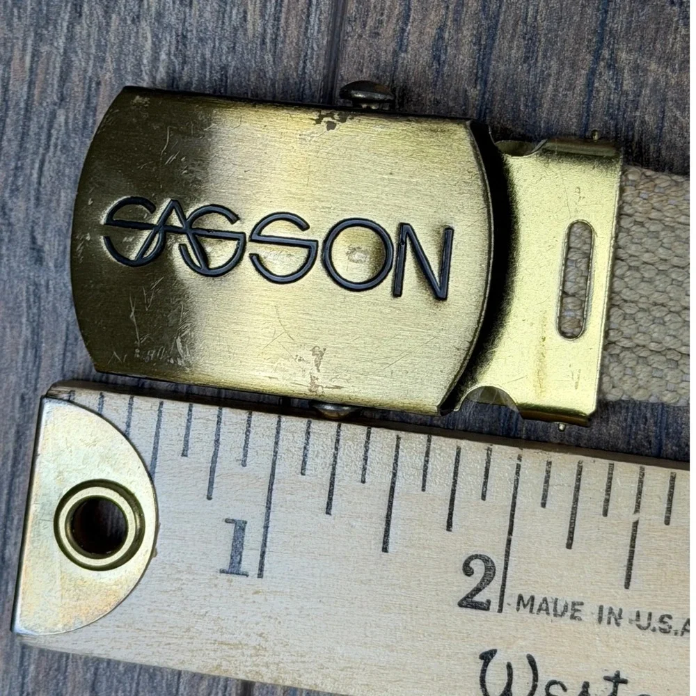 Vintage 80s Sasson Khaki Canvas Web Belt Gold Logo Buckle Designer‎ Jeans